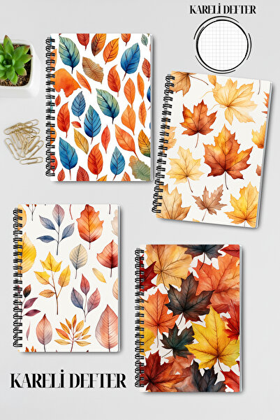 qoeuyl boutique Autumn Leaves No:2 Design Wire Spiral A5 Checkered 4-Piece Souvenir, Memory, School Notebook Set