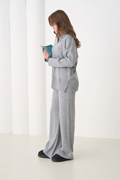 Park Karon Women's Polo Neck Slit Oversized Sweater Palazzo Pants Knitwear Bottom-Top Set