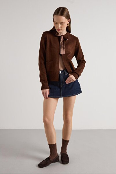 minaaise Women's Brown Ribbon Detailed Short Design Cardigan 30034