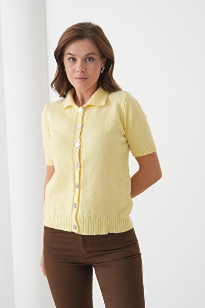 Park Karon Women's Polo Neck Button Detail Short Sleeve Glitter Knit Cardigan