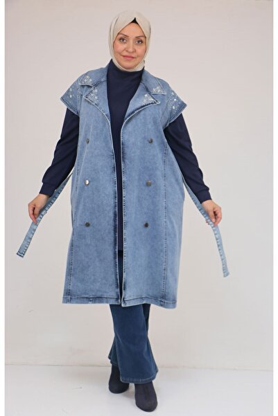Eslina 44010 Plus Size Denim Vest with Stone Detail on Collar and Shoulders - Blue