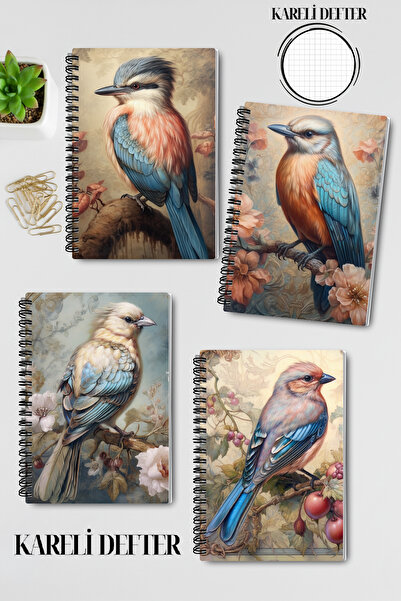 qoeuyl boutique Set de caiete vintage cu tematică de păsări nr. 2, cu spirală, format A5, cu carouri, 4 bucăți, pentru amintiri, memorii, școală