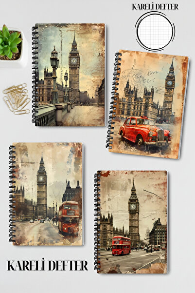 qoeuyl boutique Vintage London Design Wire Spiral A5 Checkered 4-Piece Souvenir, Memory, School Notebook Set