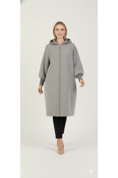 cemo Women's Gray Hooded Balloon Sleeve Zippered Coat Oversized Midi Length Winter Cashmere Coat