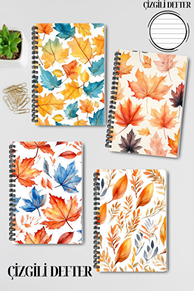 qoeuyl boutique Set de caiete A5 cu linii, cu spirală, cu design frunze de toamnă nr. 1, 4 bucăți, pentru amintiri, memorii, școală