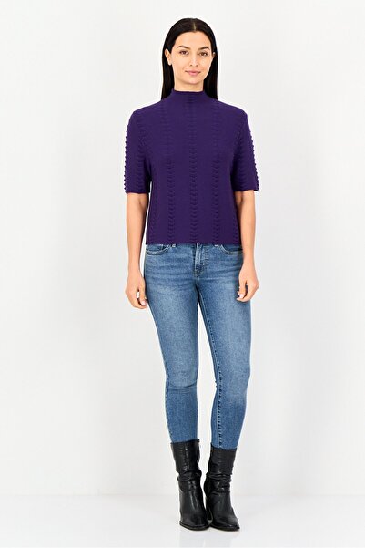 femi9 Women Textured Short Sleeve Crop Tops, Purple