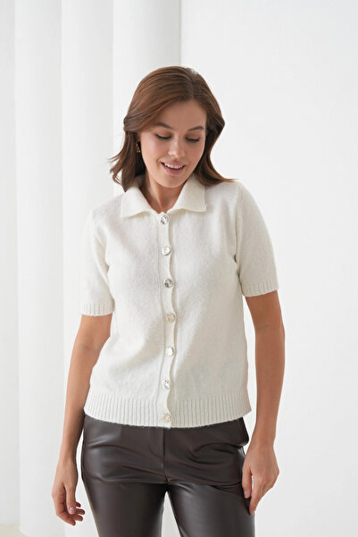 Park Karon Women's Polo Neck Button Detail Short Sleeve Glitter Knit Cardigan