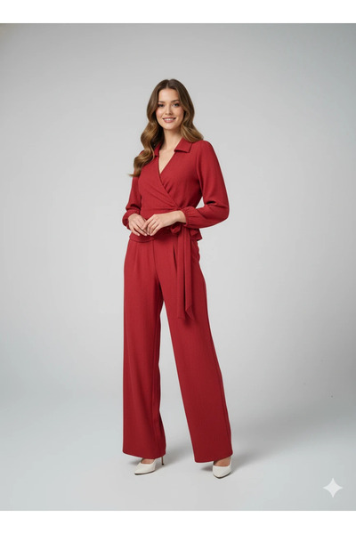 cemo Women's Double-Breasted Blouse and Wide Leg Pants Two-Piece Set Wrinkled Fabric Stylish Set