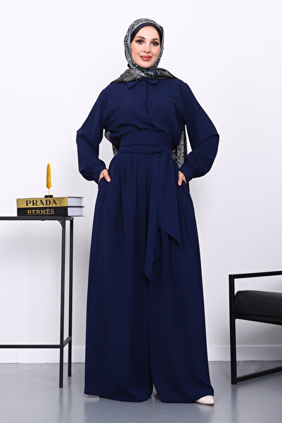 İmajButik Navy Blue Elastic Waist Jumpsuit