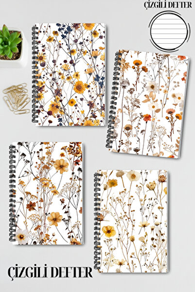 qoeuyl boutique Autumn Wildflowers Design Wire Spiral A5 Lined 4-Piece Souvenir, Memory, School Notebook Set