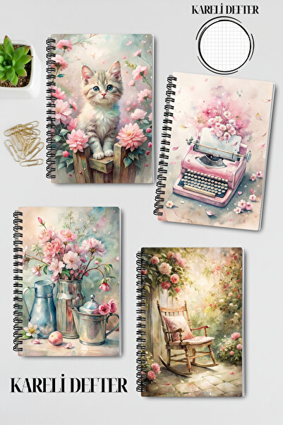 qoeuyl boutique Pink Dreams Nostalgic Design Wire Spiral A5 Checkered 4-Piece Souvenir, Memory, School Notebook Set