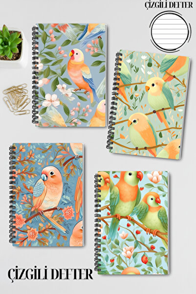 qoeuyl boutique Little Birds No:2 Dizajn Žičana Spiralna A5 Prugasto 4-dijeln...