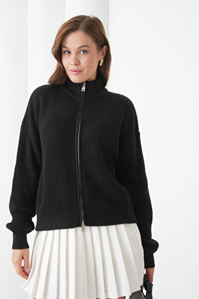 Park Karon Women's Mock Neck Zipper Closure Oversized Knitwear Cardigan