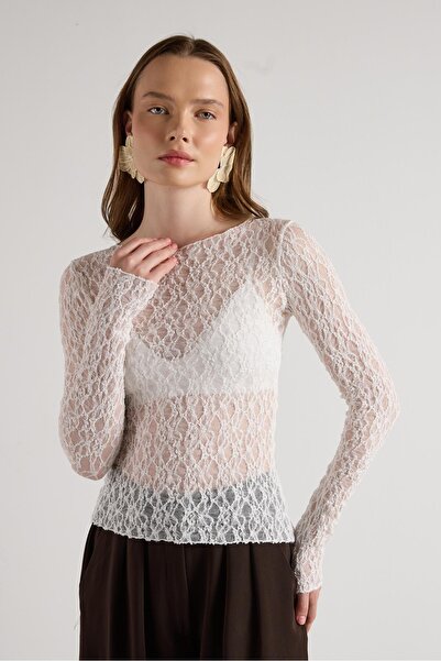 minaaise Women's Ecru Transparent Lace Short Stretch Fabric Blouse 30051