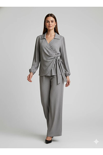 cemo Women's Double-Breasted Blouse and Wide Leg Pants Two-Piece Set Wrinkled Fabric Stylish Set