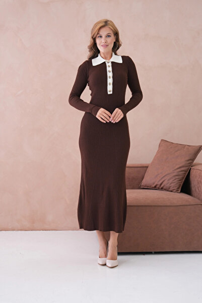 Park Karon Women's Polo Neck Button Detail Ribbed Knit Long Knitwear Dress