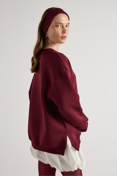 mina aise Women's Burgundy Basic Slit Oversized 3 Thread Fleece-Lined Sweatshirts 30078