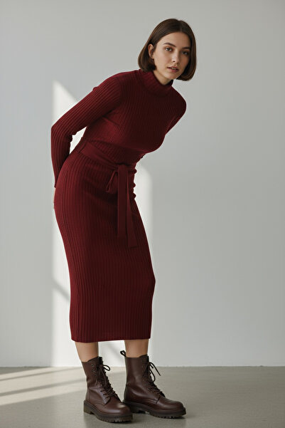 NEWCO Γυναικείο κοτλέ πλεκτό φόρεμα μίντι με ζώνη με ψηλό γιακά, μακρυμάνικο