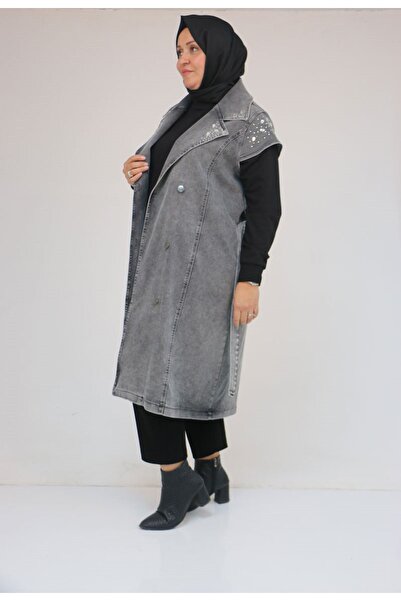 Eslina 44010 Plus Size Denim Vest with Stone Detail on Collar and Shoulders - Black