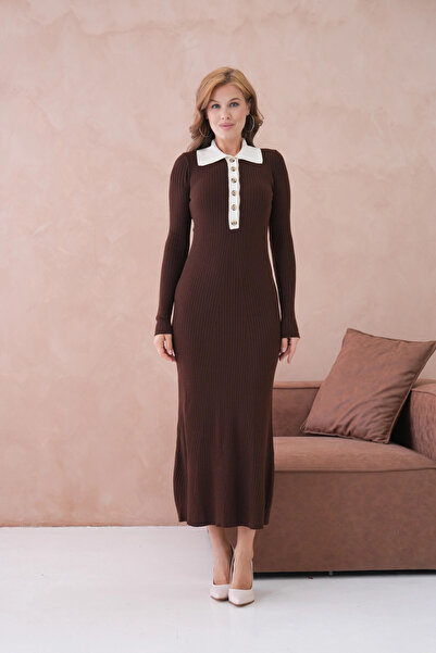 Park Karon Women's Polo Neck Button Detail Ribbed Knit Long Knitwear Dress