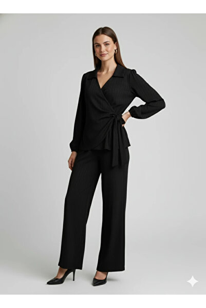 cemo Women's Double-Breasted Blouse and Wide Leg Pants Two-Piece Set Wrinkled Fabric Stylish Set