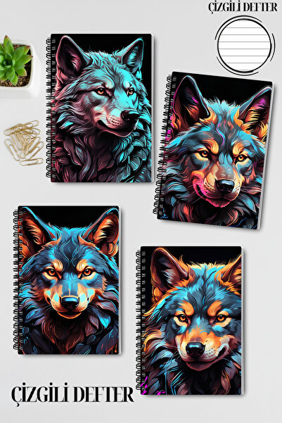 qoeuyl boutique مجموعة دفاتر ملاحظات مخططة بتصميم فن البوب على شكل ذئب، مقاس A5، مكونة من 4 قطع للذكرى والذكريات والمدرسة