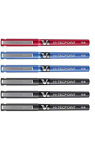 Pilot V5 Hi-Tecpoint Rollerball Pen – 0.5 mm Tip, Black/Blue/Red, Pack of 6