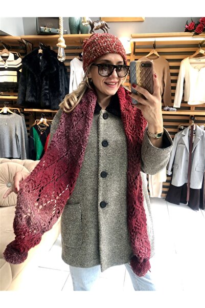 Gözde Tasarım Butik Women's Burgundy Color Design Crocheted Handmade Pompon Shawl Scarf and Hat Beanie Set