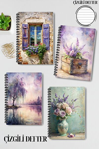 qoeuyl boutique Purple Dream Nostalgic Design Wire Spiral A5 Lined 4-Piece Souvenir, Memory, School Notebook Set