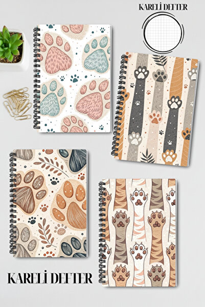 qoeuyl boutique Cute Cat Paws Patterned Design Wire Spiral A5 Squared 4-Piece Souvenir, Memory, School Notebook Set