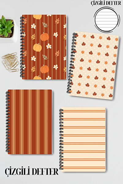 qoeuyl boutique Autumn Themed Cozy Design Wire Spiral A5 Lined 4-Piece Souvenir, Memory, School Notebook Set