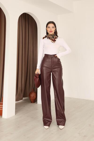 İgnites Burgundy Zra Equivalent Soft Textured Palazzo Leather Trousers-Igni̇tes-00020