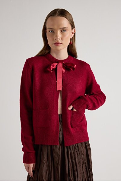 minaaise Women's Burgundy Ribbon Detailed Short Design Cardigan 30034