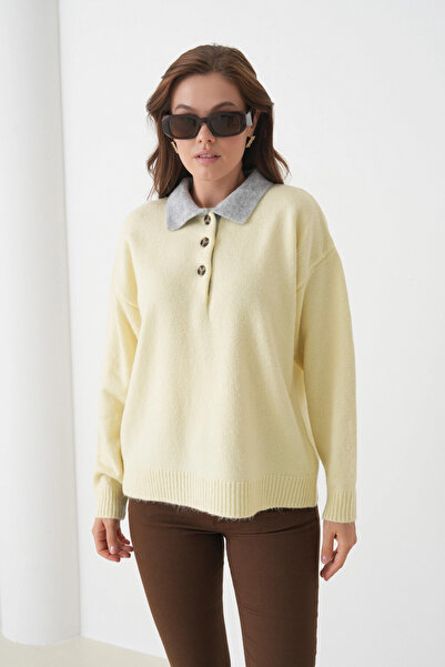 Park Karon Women's Polo Neck Half Placket Buttoned Knit Sweater