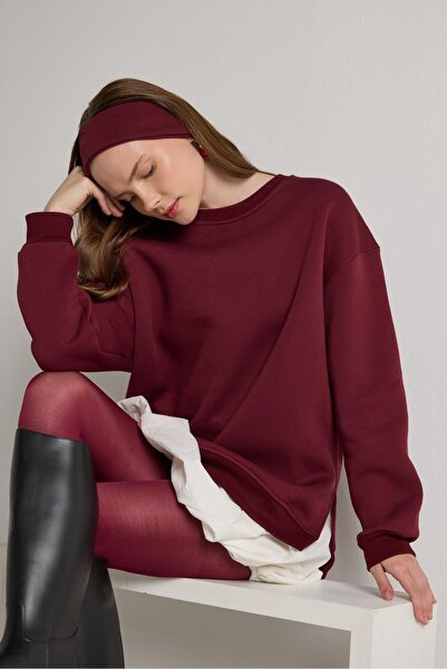 minaaise سترة نسائية بورجوندي بيسك شق قصة فضفاضة 3 خيوط مبطن بالصوف 30078