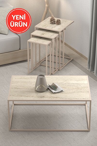 MİLVAKİ Zigon Sehpa Ve Orta Sehpa Seti Bohem Traverten