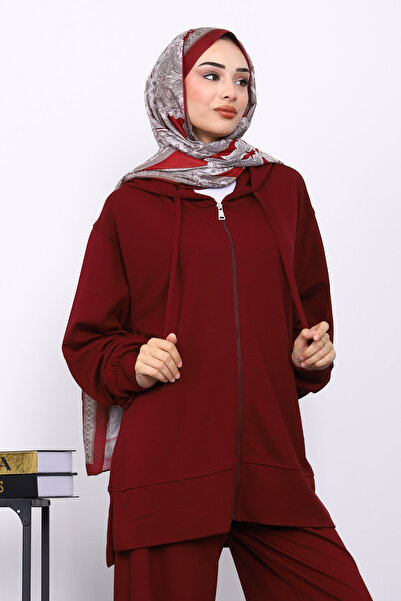 İmajButik Burgundy Zippered Tunic Pants Suit