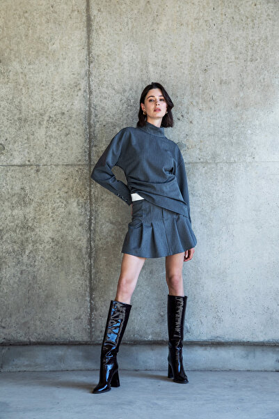 Berr-ın High Neck Blouse with Gathered Sides Anthracite