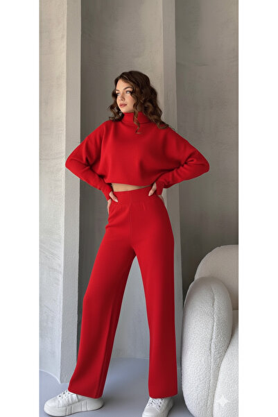 moda liberty Oversize Triko Takım – Yüksek Bel Bol Paça Pantolon & Crop Boğazlı Kazak