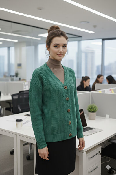 HeviStor Women's V-Neck Hair Braid Detailed Comfortable Fit Cardigan