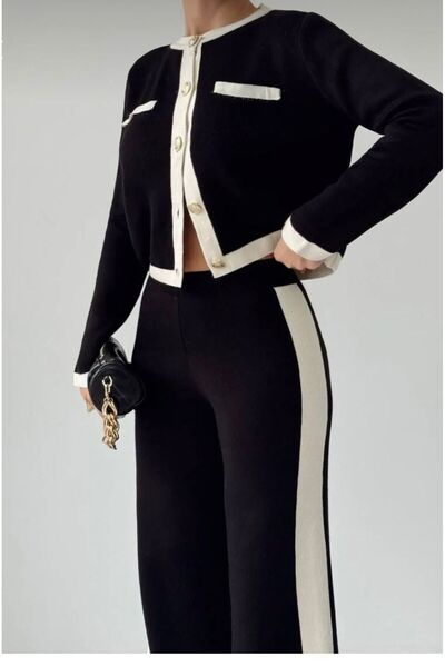 STF MODA Women's Gold Button Detailed Top Cardigan Crop Set