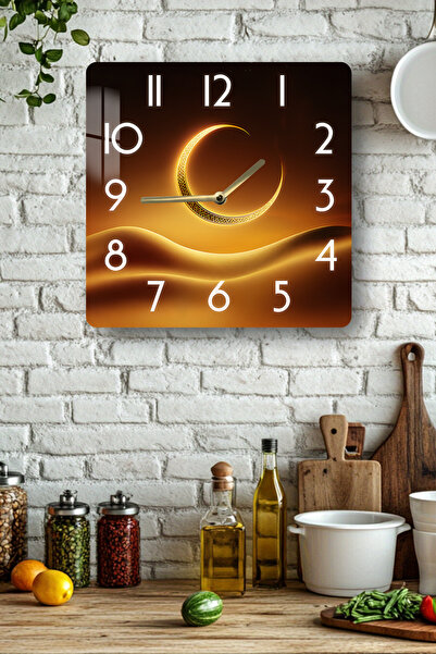 kutuTR 3D Look Tempered Glass Square Clock – Gold Crescent Pattern Uv Printin...