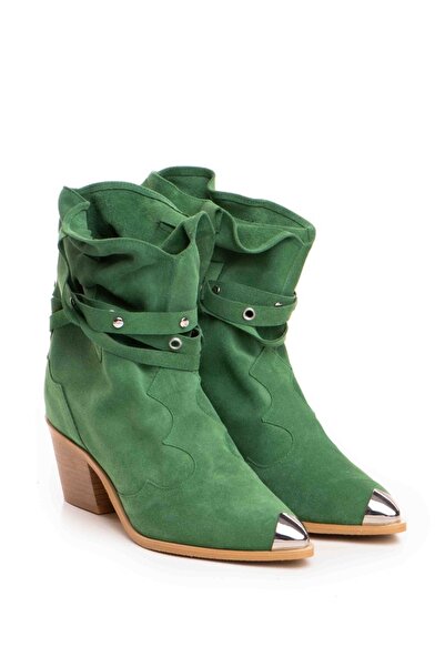 Vanilla Days Emira Green Suede Western Boots with Silver Accents