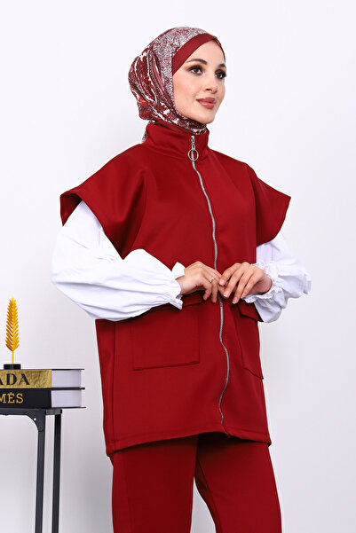 İmajButik Burgundy Zippered Pocket Vest and Pants Scuba Suit