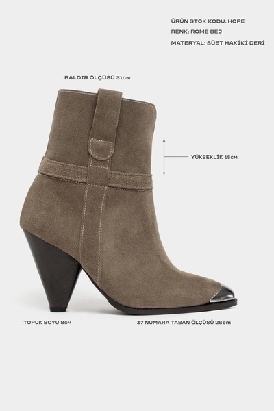 NİŞANTAŞI SHOES Hope Rome Beige Suede Genuine Leather Thick Heeled Pointed Toe Women's Boots