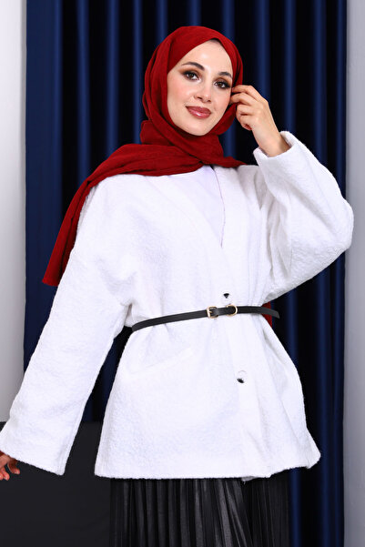 İmajButik Ecru Belted Oversized Boucle Jacket