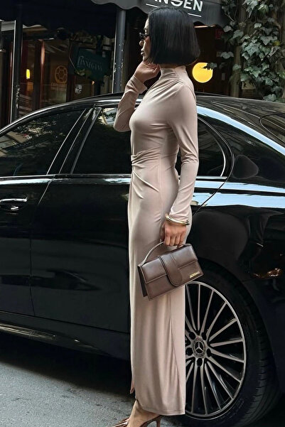 Love Fab Shoulder Gathered, Waist Double-Breasted Buckle Detail Slit Long Dress