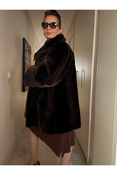 Retrokare Kahverengi Leopar Desenli Oversize Peluş Kaban