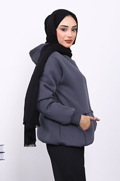 İmajButik Smoked Kangaroo Pocket Fleece-Lined Three Thread Cardigan