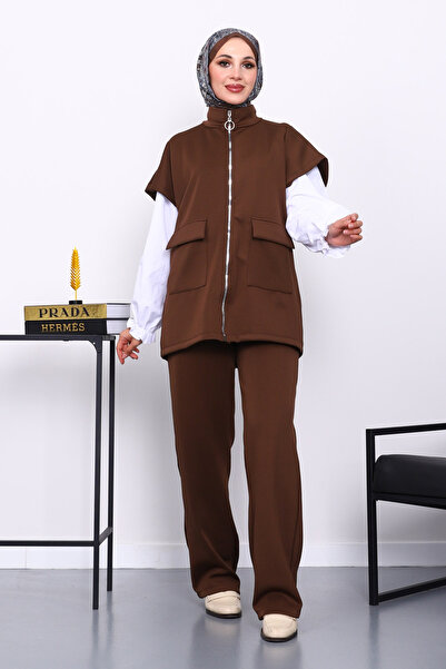 İmajButik Brown Zippered Pocket Vest and Pants Scuba Suit
